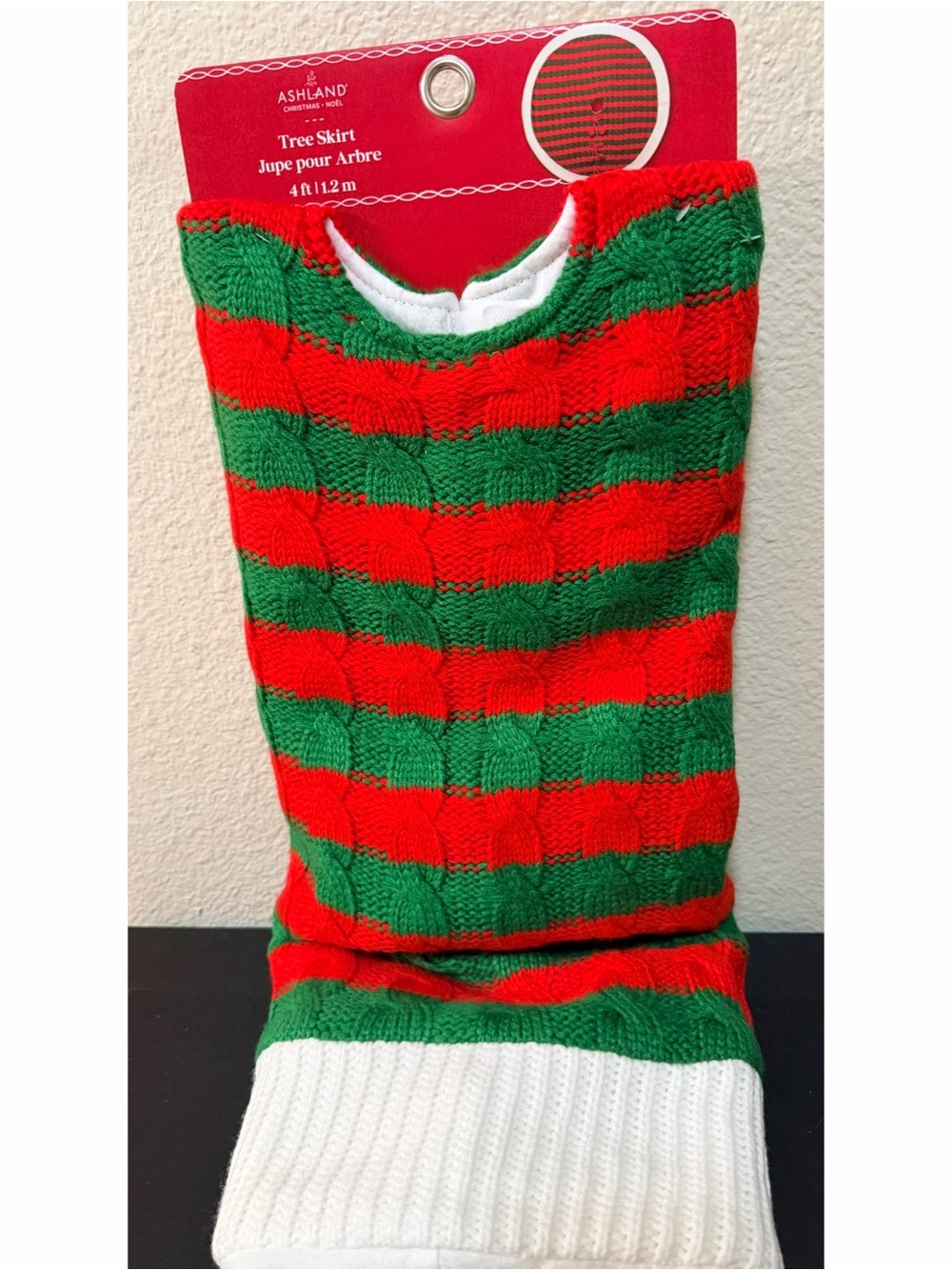 Ashland Red, Green and White Striped Cable Knit Tree Skirt